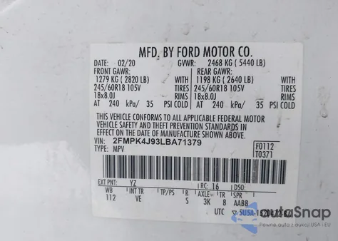 2020 Ford Edge Sel from USA, damaged, VIN 2FMPK4J93LBA71379